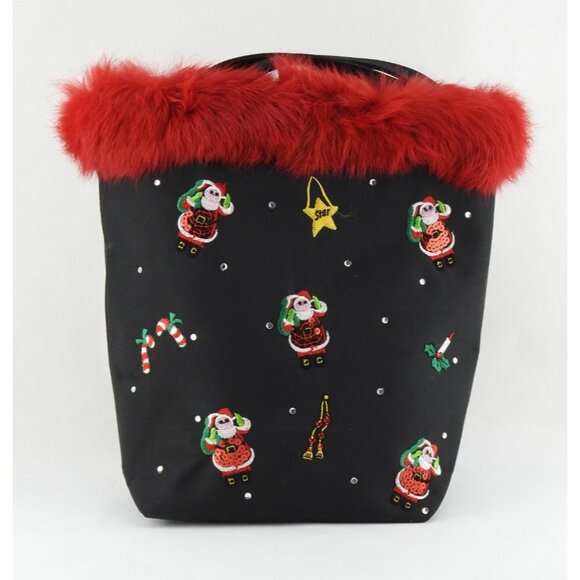 VTG Christmas Holiday Tote Bag Black Red Faux Fur Trim Embroidered Santa Sequin - Picture 3 of 14